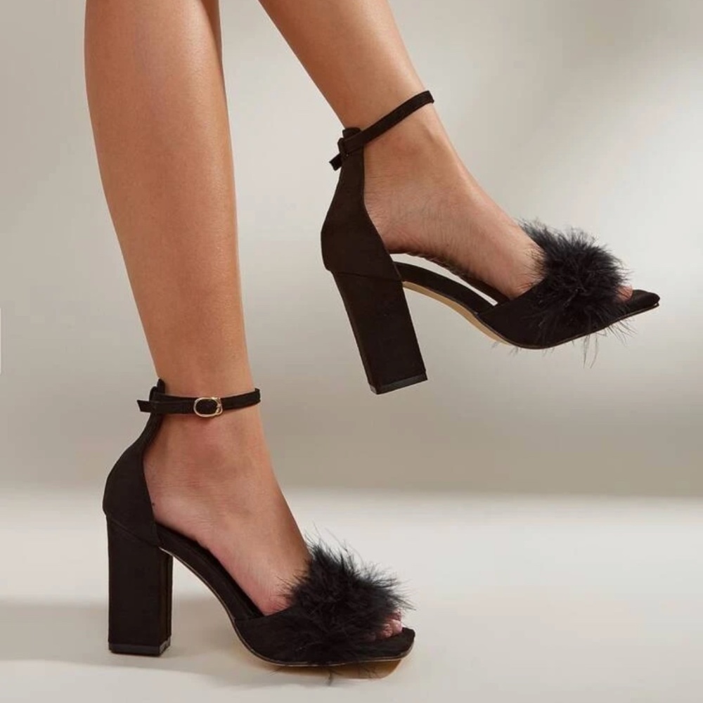 Fuzzy Decor Ankle Strap Chunky Sandals